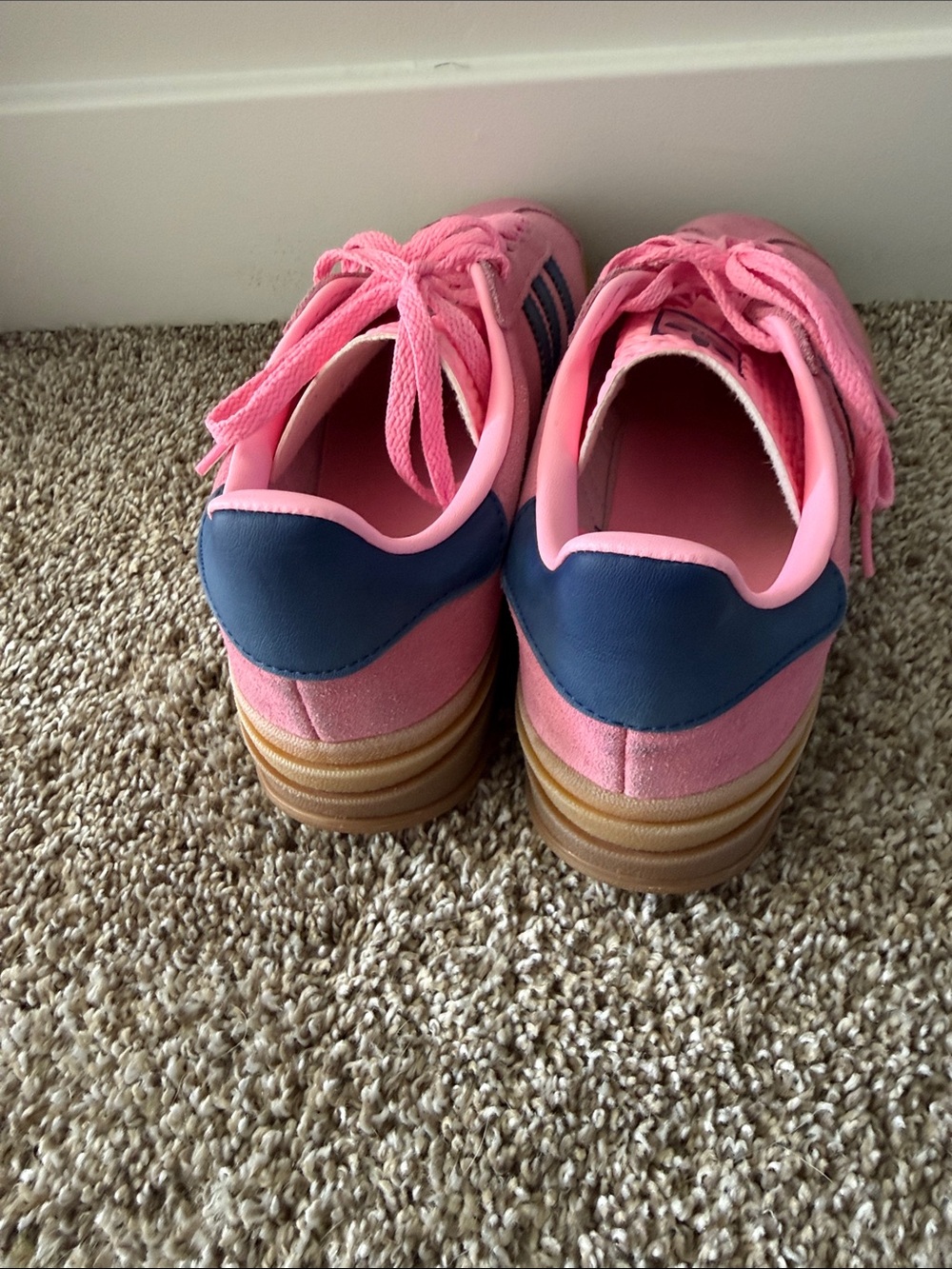 adidas Pink Suede Sneakers with Navy Stripes and Gum Sole - Picture 2 of 4